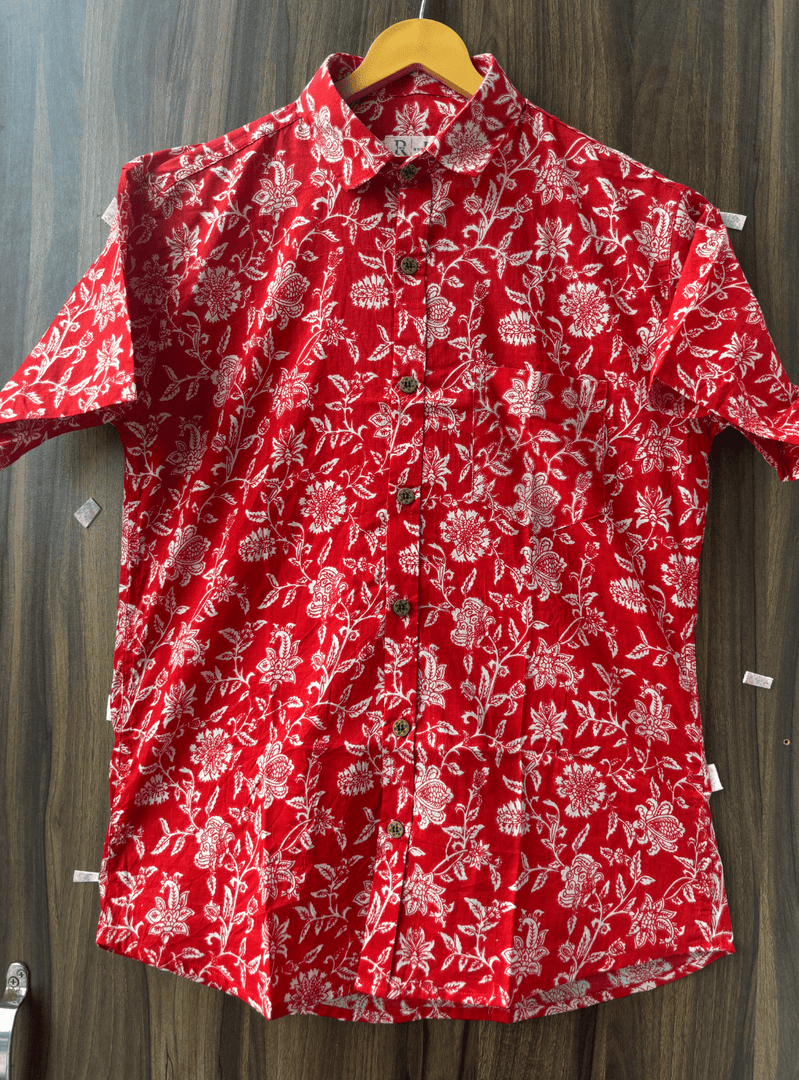 Jaipur Block Print Cotton Shirt in Red – Botanical Pattern