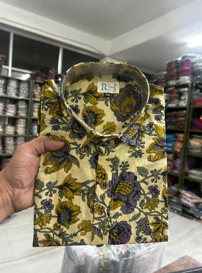 Men’s Yellow Handblock Printed Floral Cotton Shirt