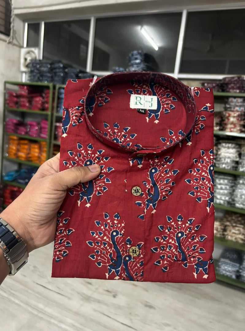 Maroon Peacock Print Short Kurta for Men – Cotton Ethnic Kurta