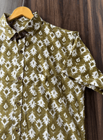 Load image into Gallery viewer, Olive Green Block Print Cotton Shirt – Traditional Handcrafted Design
