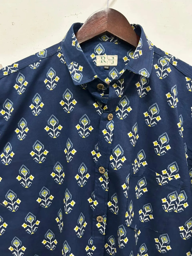Navy Floral Printed Shirt for Men – Soft Cotton Summer Shirt