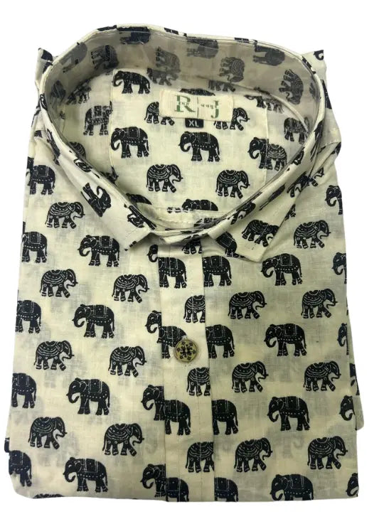 Men's Cream Elephant Print Cotton Shirt