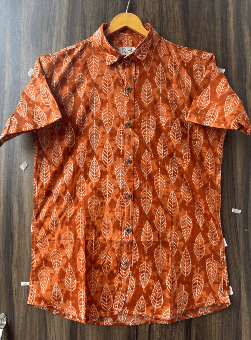 Ethnic Cotton Shirt – Rust Orange Botanical Print