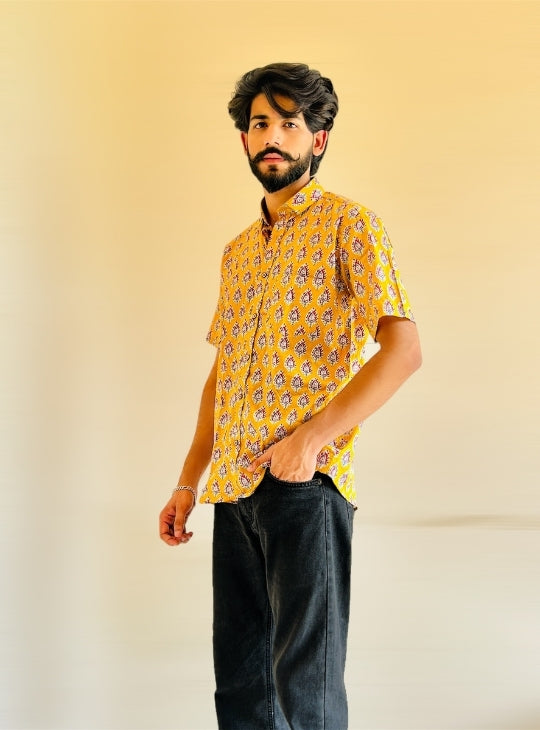 Sanganeri Yellow Floral Shirt