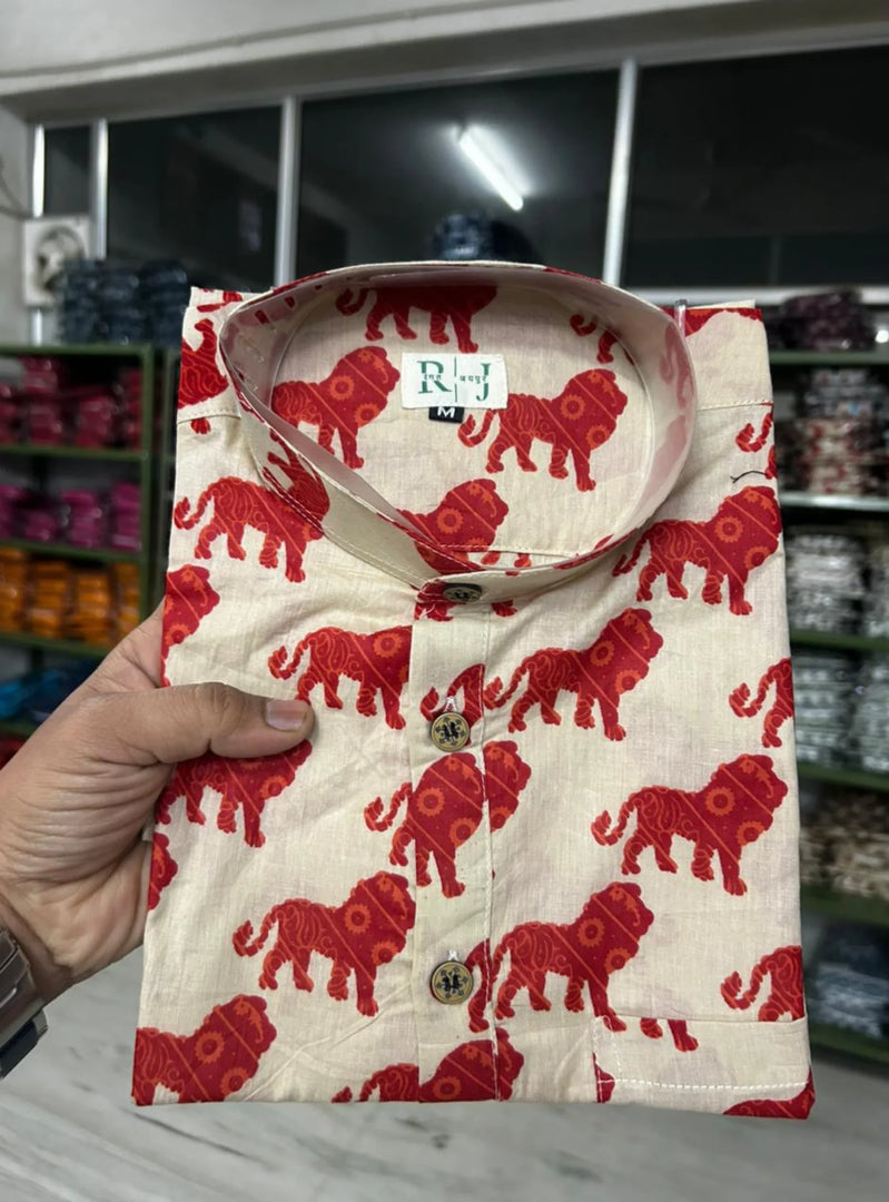 Ivory Lion Print Short Kurta for Men – Cotton Ethnic Kurta