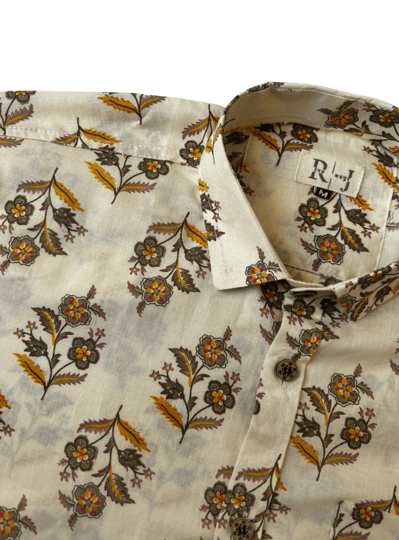 Cream Sanganeri Floral Handblock Shirt