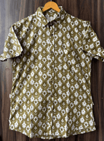 Load image into Gallery viewer, Olive Green Block Print Cotton Shirt – Traditional Handcrafted Design

