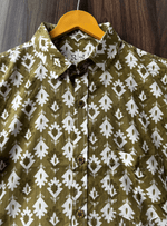 Load image into Gallery viewer, Olive Green Block Print Cotton Shirt – Traditional Handcrafted Design
