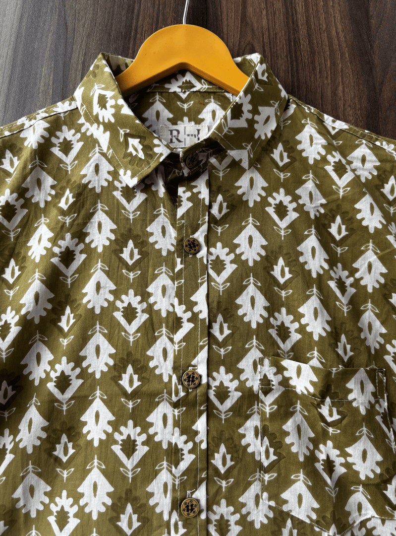 Olive Green Block Print Cotton Shirt – Traditional Handcrafted Design