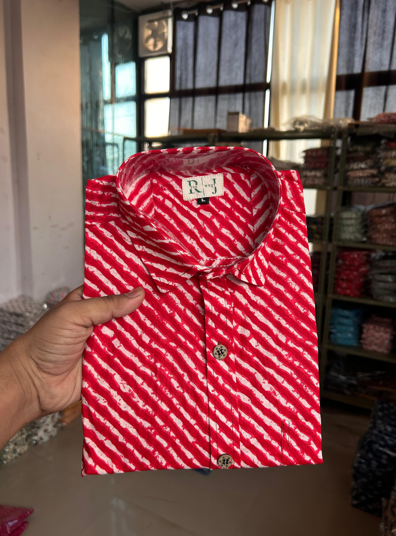 Men’s Red Lahariya Pattern Shirt – Premium Jaipuri Cotton