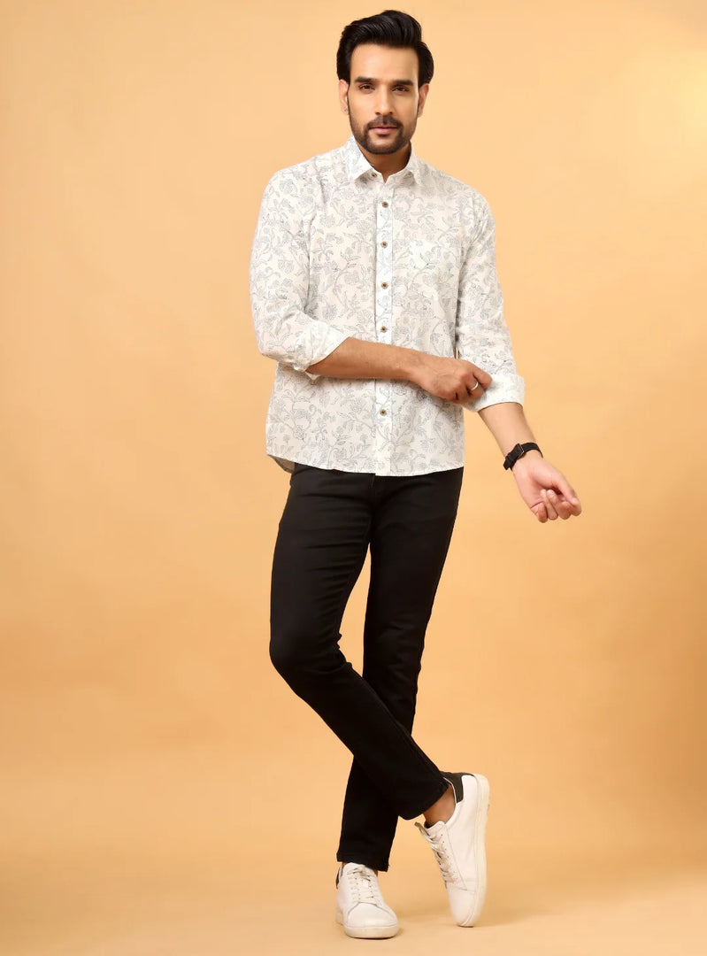 White Sanganeri Floral Printed Cotton Shirt
