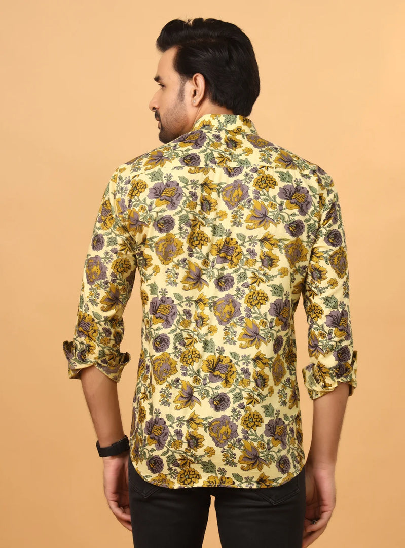 Premium Cotton Shirt – Yellow Floral Handblock Print