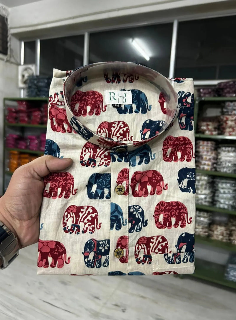 Elephant Print Sanganeri Short Kurta for Men