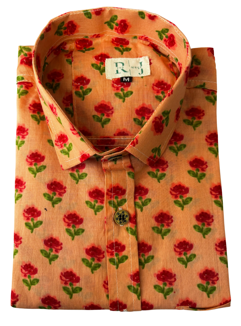 Peach Rose Printed Cotton Shirt for Men – Jaipuri Floral Style