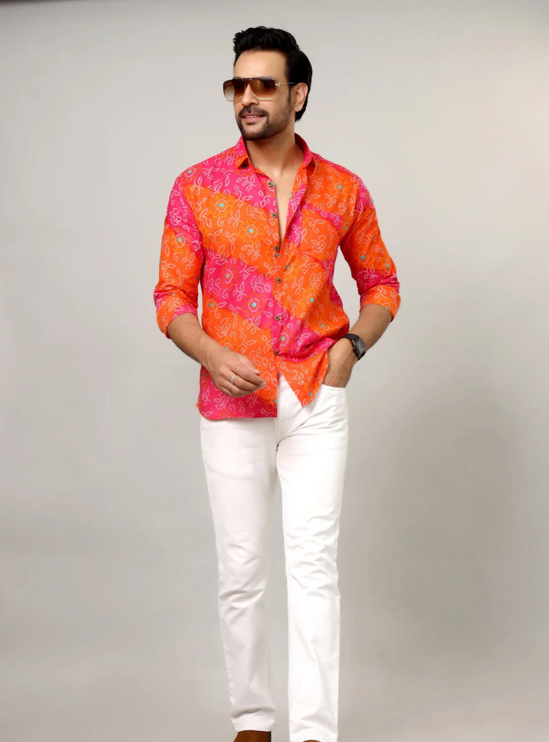 Rangdeep – Red Bandhani Printed Cotton Shirt
