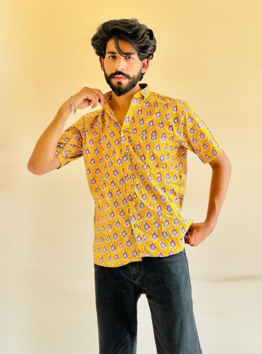 Sanganeri Yellow Floral Shirt