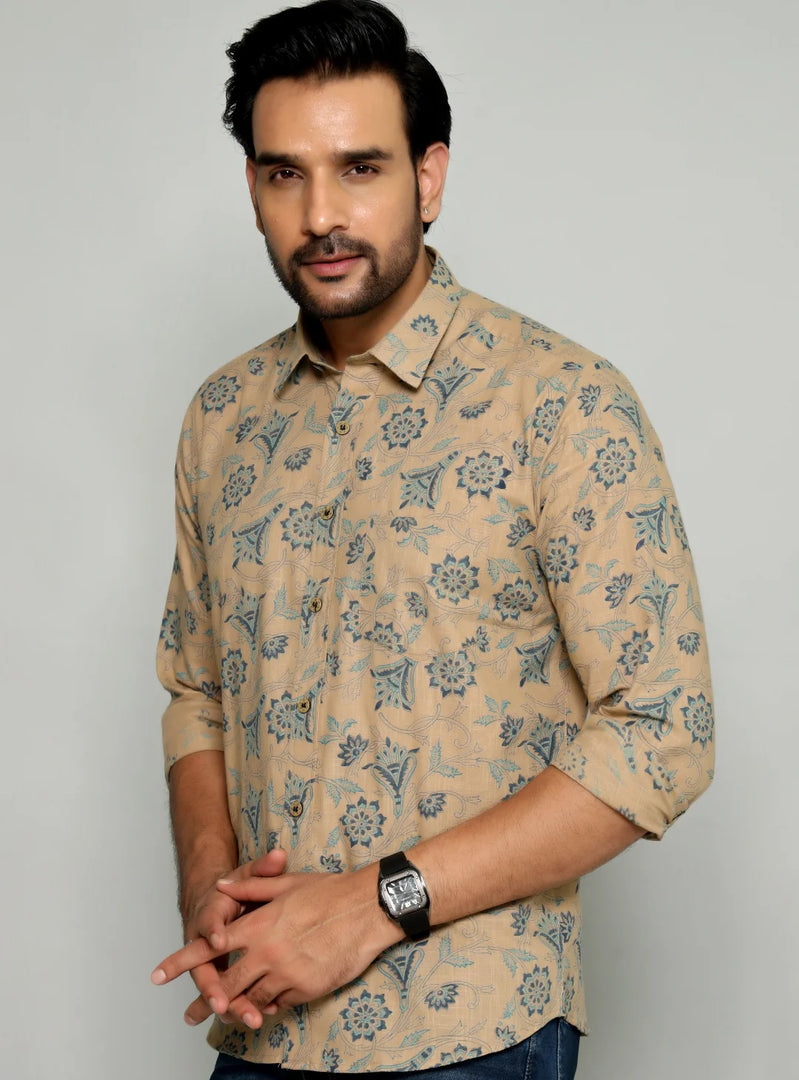Elegant Floral Pattern Shirt for Men – Beige and Blue Design