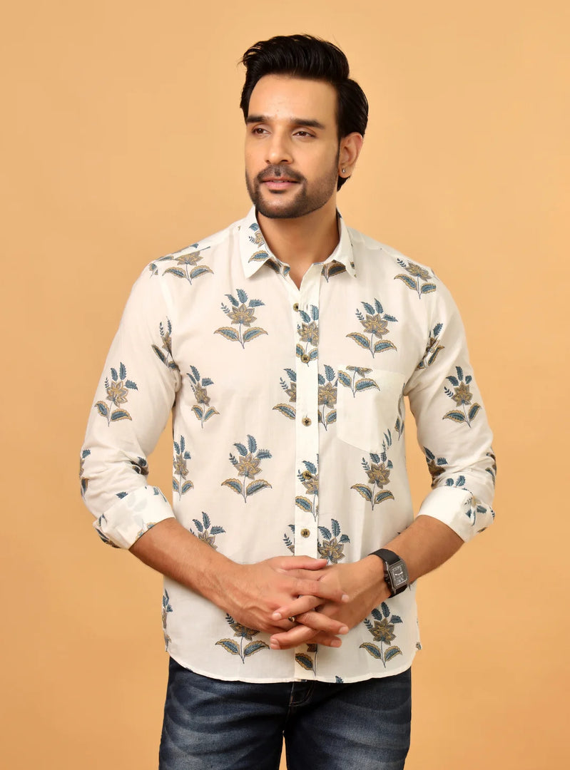 Men's Beige Floral Shirt – Blue & Yellow Printed Casual Top