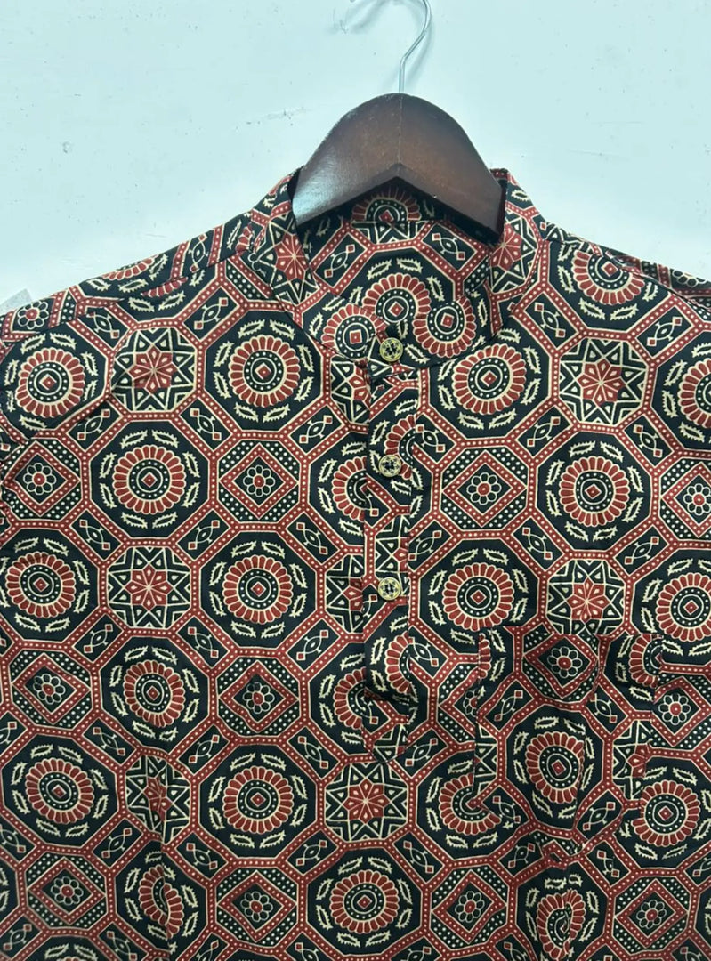 Bottle Green Ajrakh Print Cotton Short Kurta for Men