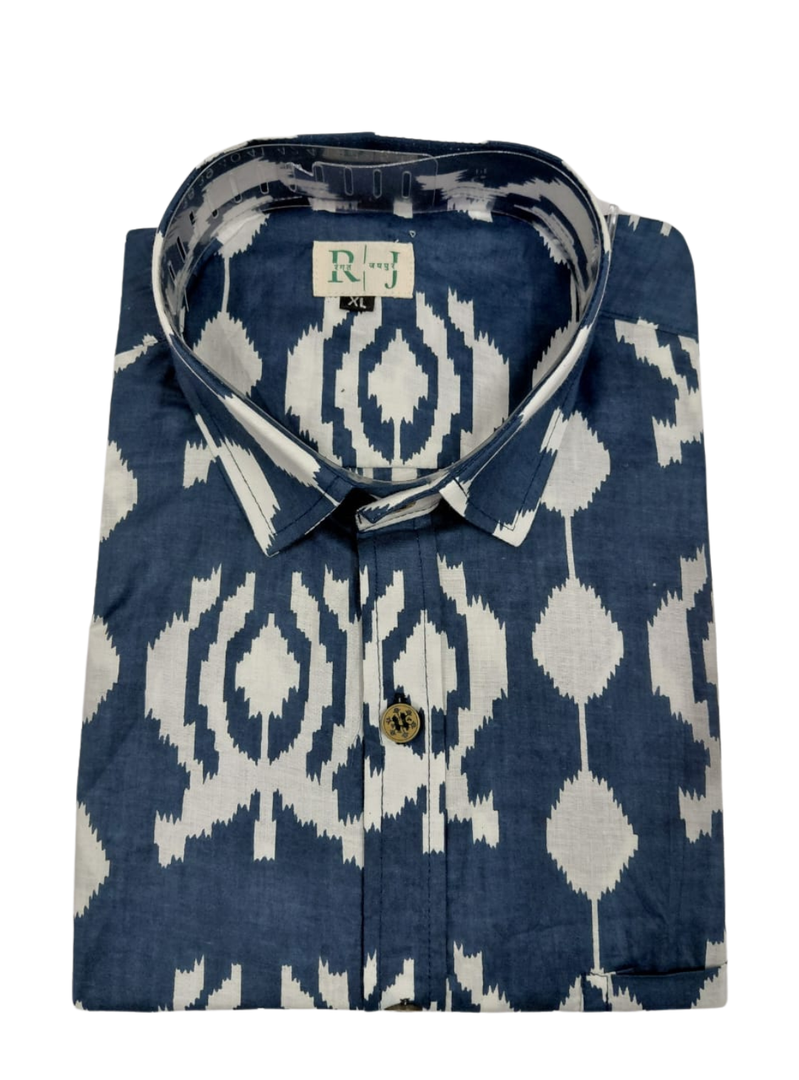 Men’s Indigo Ikat Pattern Casual Shirt – Soft Cotton Fabric