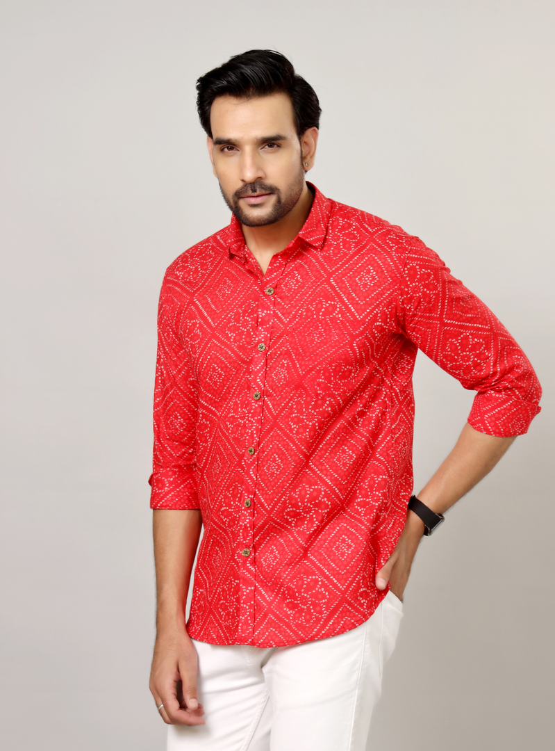 Traditional Bandhani Motif Shirt – Red
