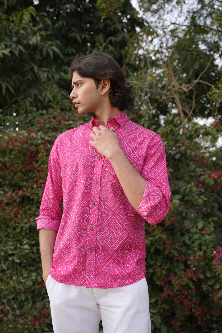 Traditional Pink Bandhani Motif Shirt for Men | Rangat Jaipur