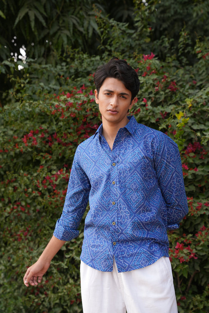Premium Blue Bandhani Print Cotton Shirt | Traditional Rajasthani Design