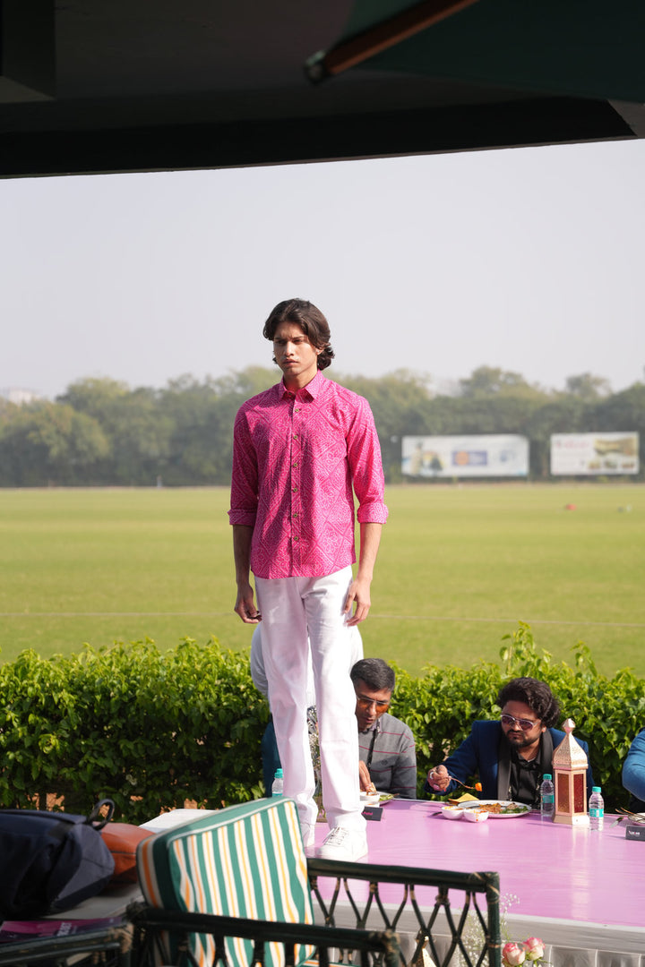 Traditional Pink Bandhani Motif Shirt for Men | Rangat Jaipur