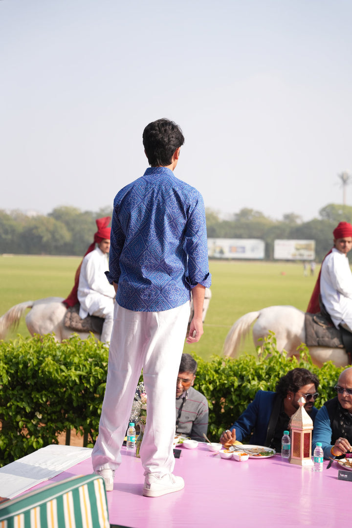 Premium Blue Bandhani Print Cotton Shirt | Traditional Rajasthani Design