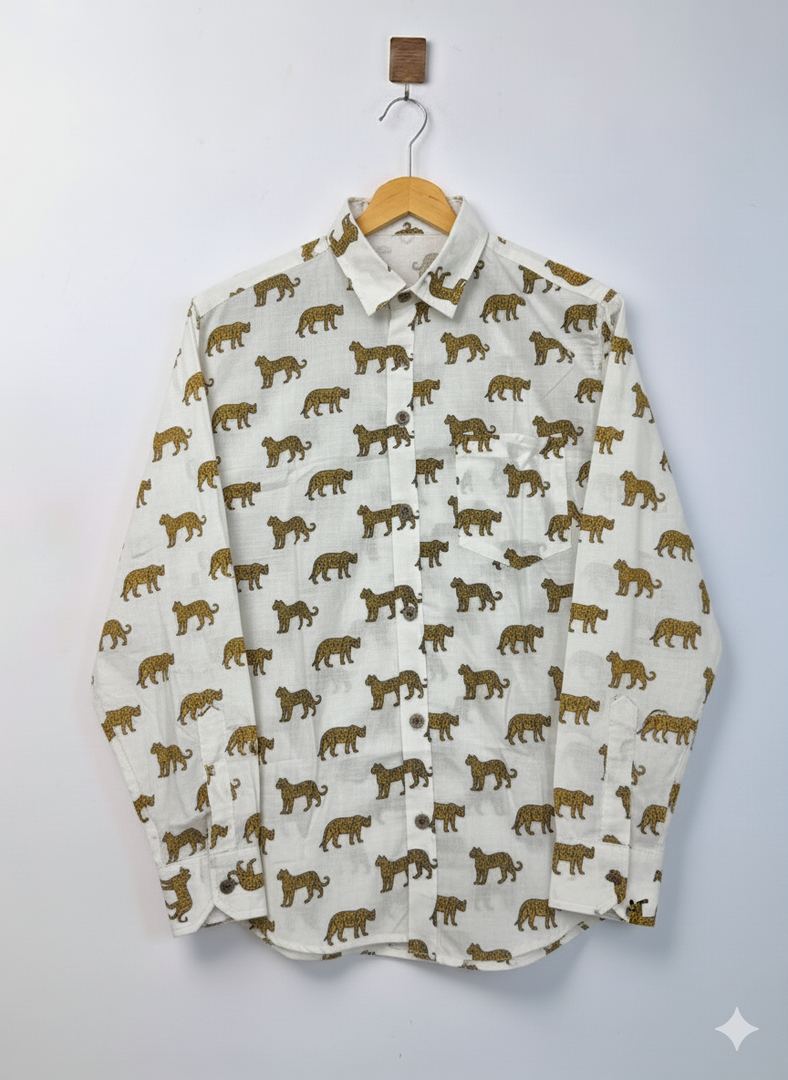 Cheetah Walk Shirt – White Handblock Jungle Print