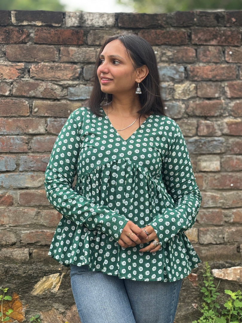 Green Floral Buti Print Peplum Top for Women