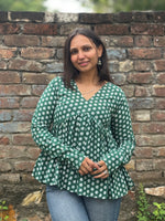 Load image into Gallery viewer, Green Floral Buti Print Peplum Top for Women
