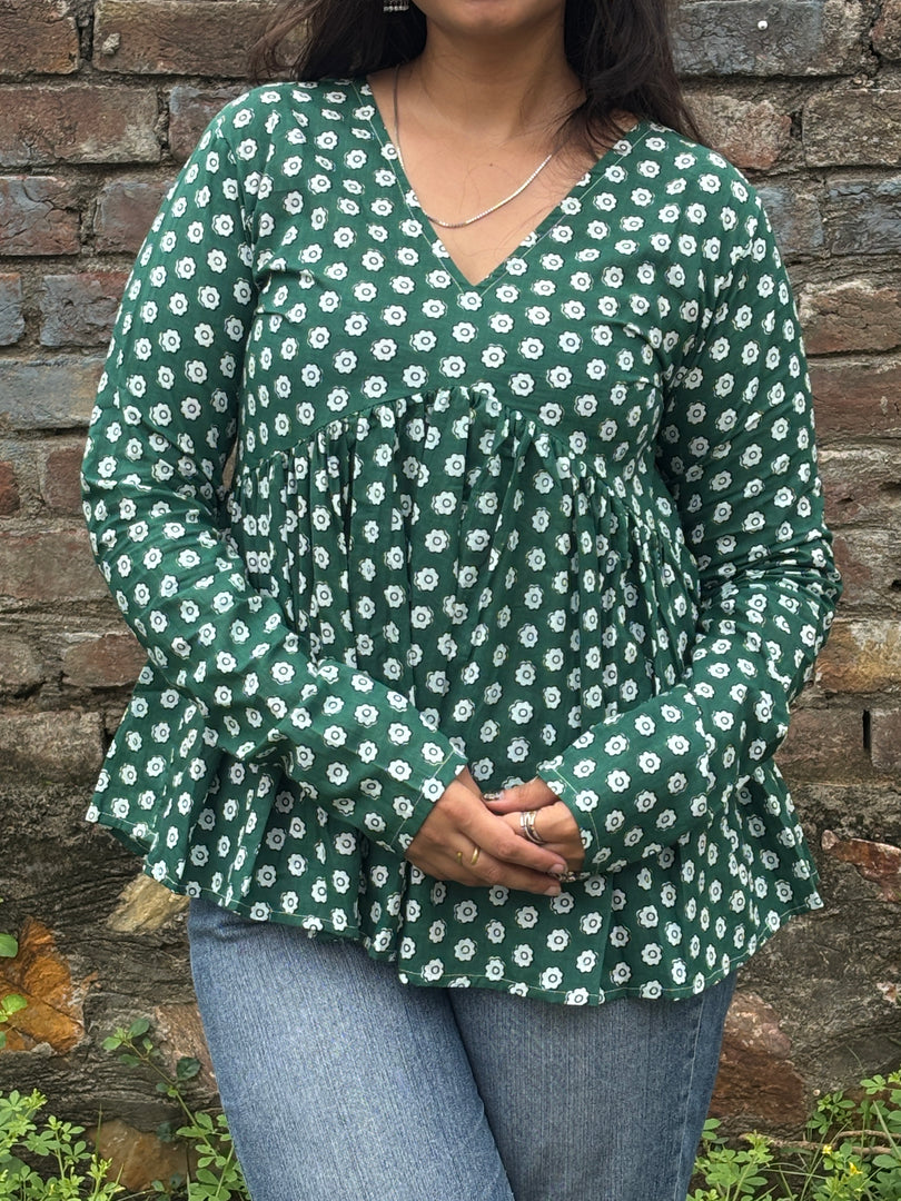 Green Floral Buti Print Peplum Top for Women