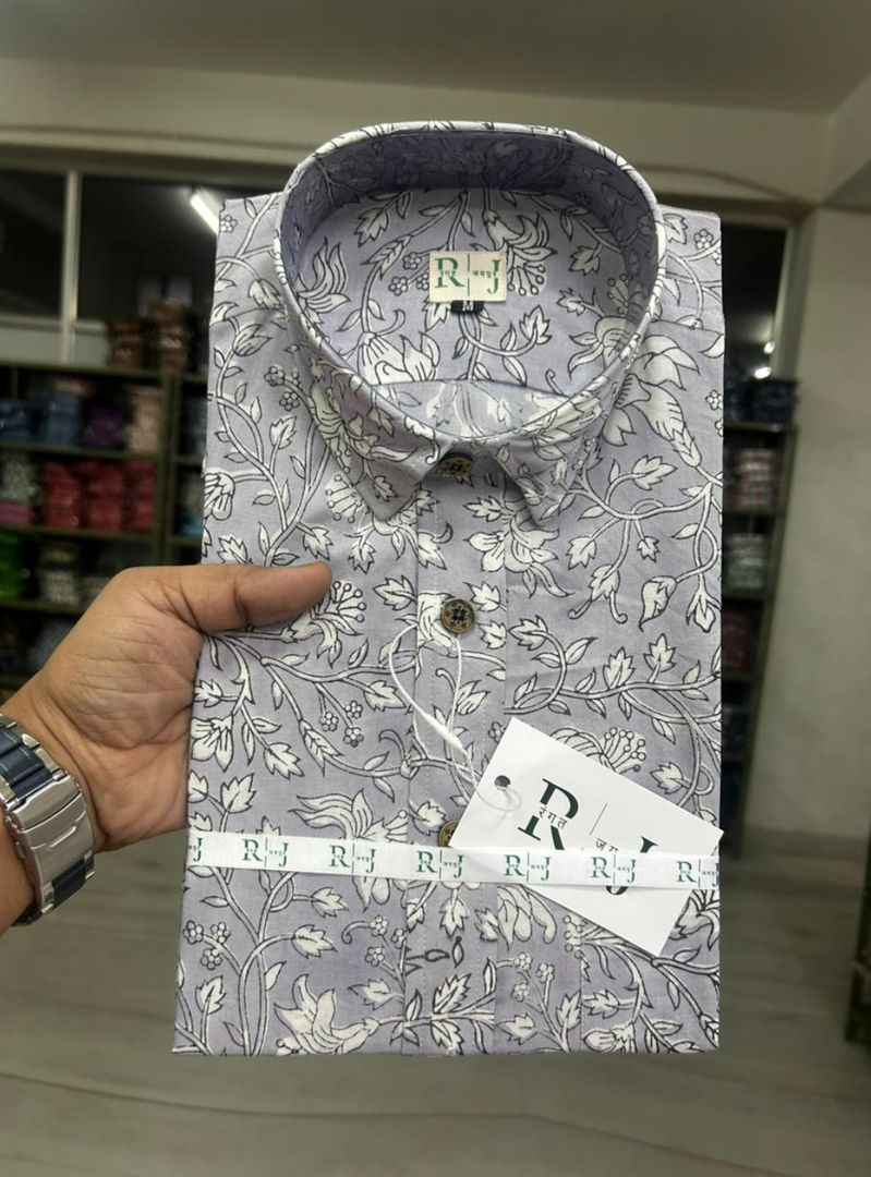 Dark Grey Sanganeri Floral Printed Cotton Shirt