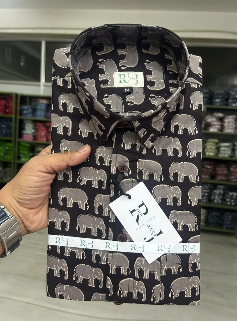 Black Elephant Sanganeri Print Cotton Shirt for Men