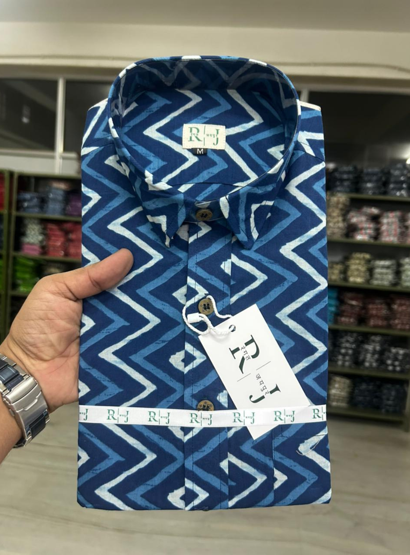 Blue Zigzag Sanganeri Print Cotton Shirt for Men