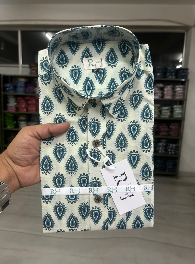 White & Teal Sanganeri Paisley Print Cotton Shirt for Men