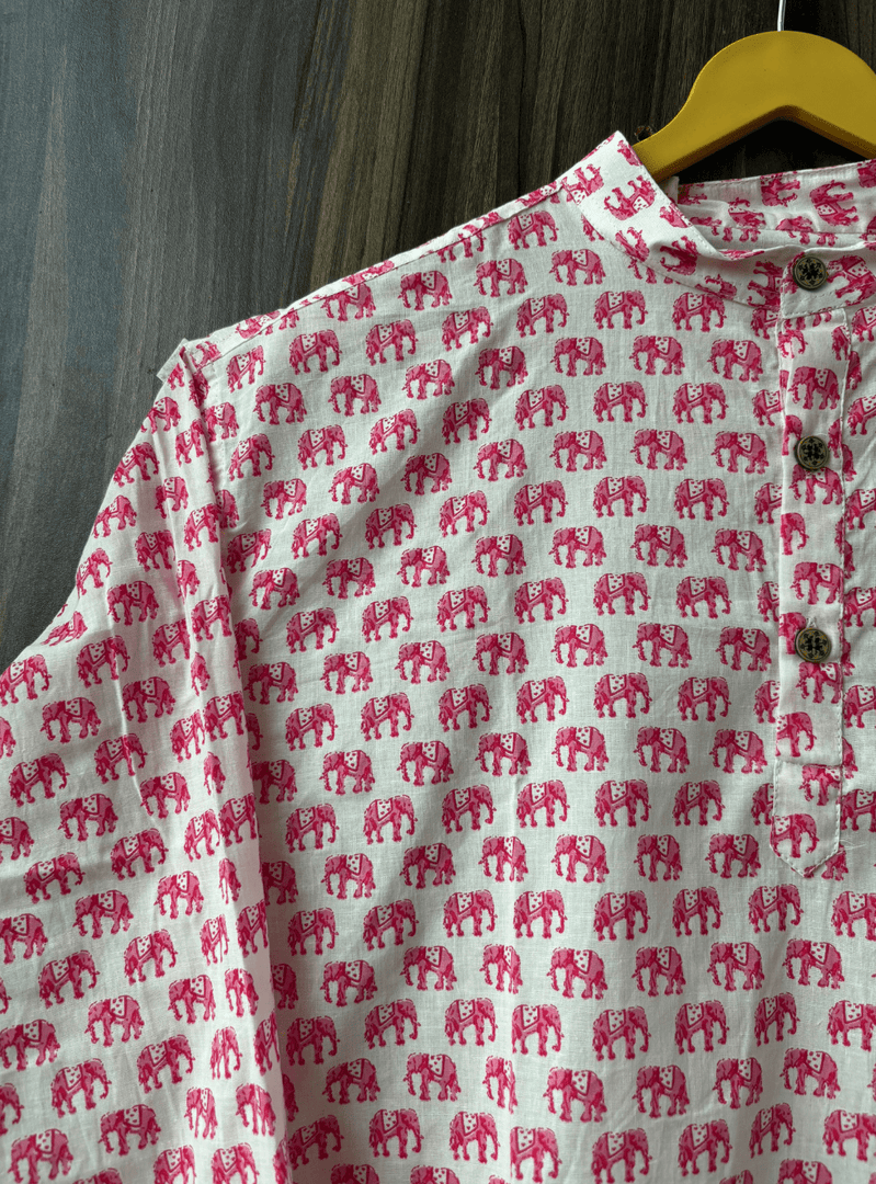Royal Pink Elephant March - Sanganeri Print Short Kurta