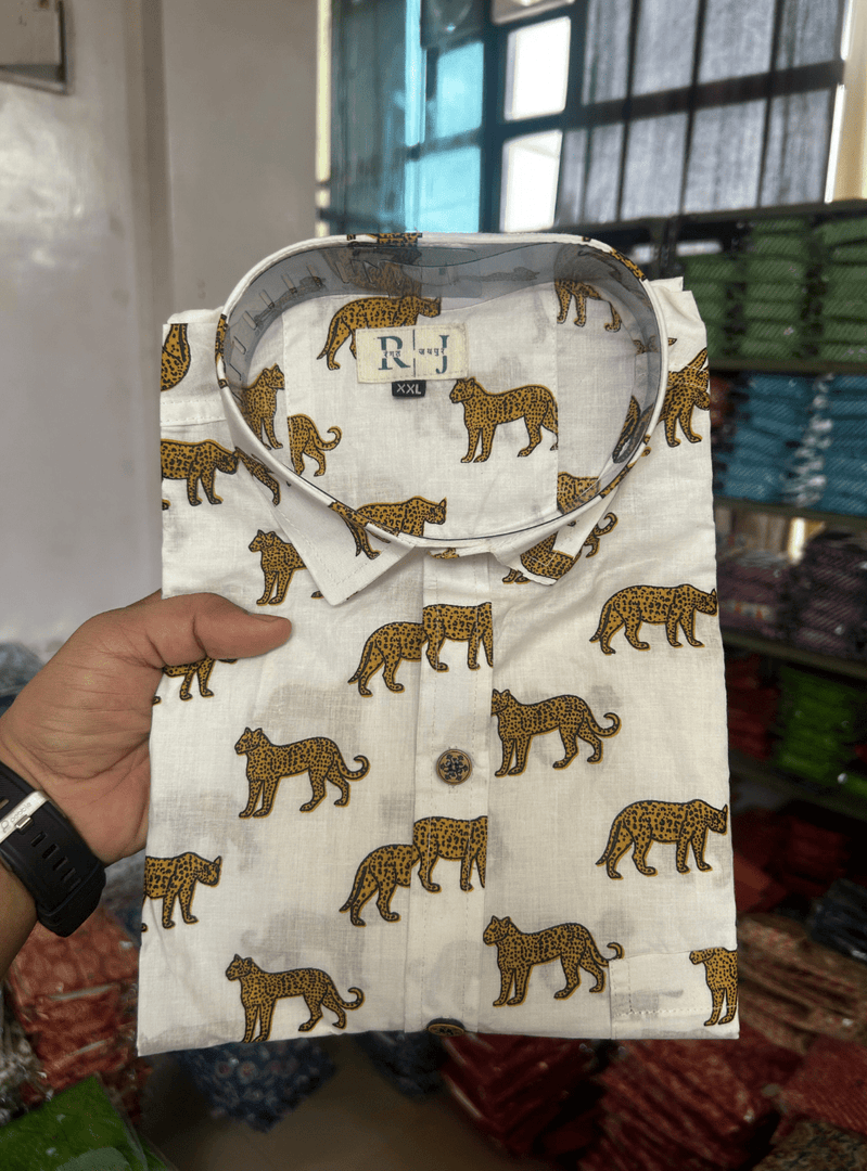 Cheetah Walk Shirt – White Handblock Jungle Print