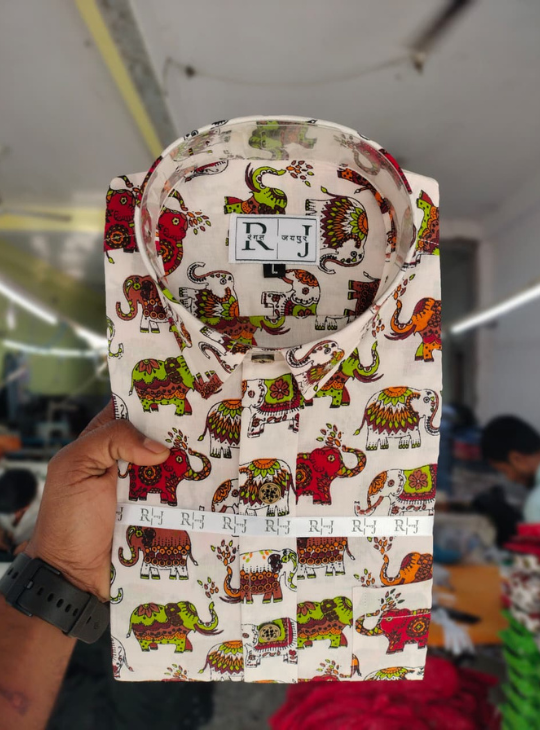 White Cotton Shirt with Colorful Elephant Print for Men