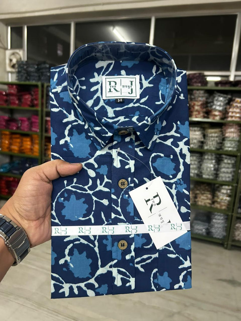 Handcrafted Indigo Floral Print Cotton Shirt for Men – Deep Blue