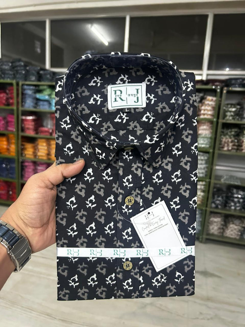 Handcrafted Black Ajrakh Print Cotton Shirt for Men