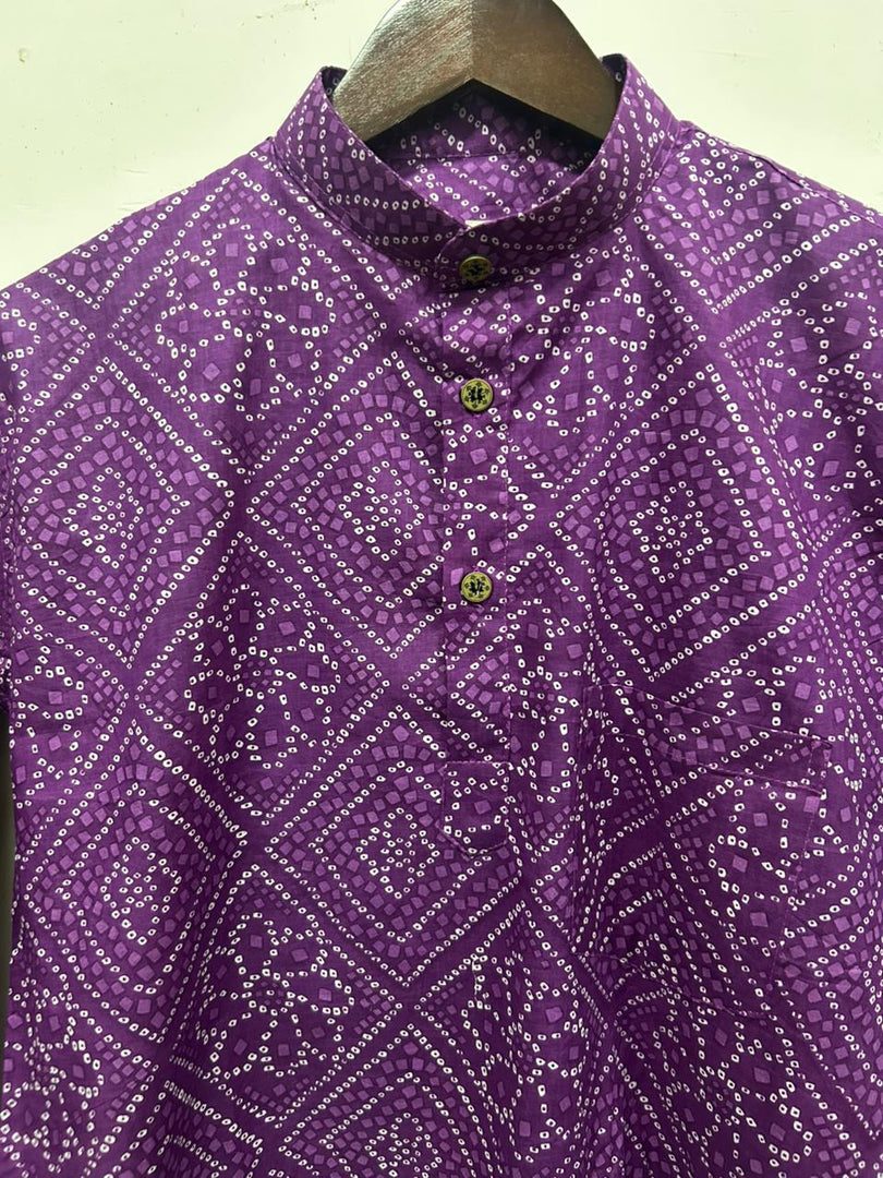 Purple Bandhani Print Cotton Short Kurta for Men