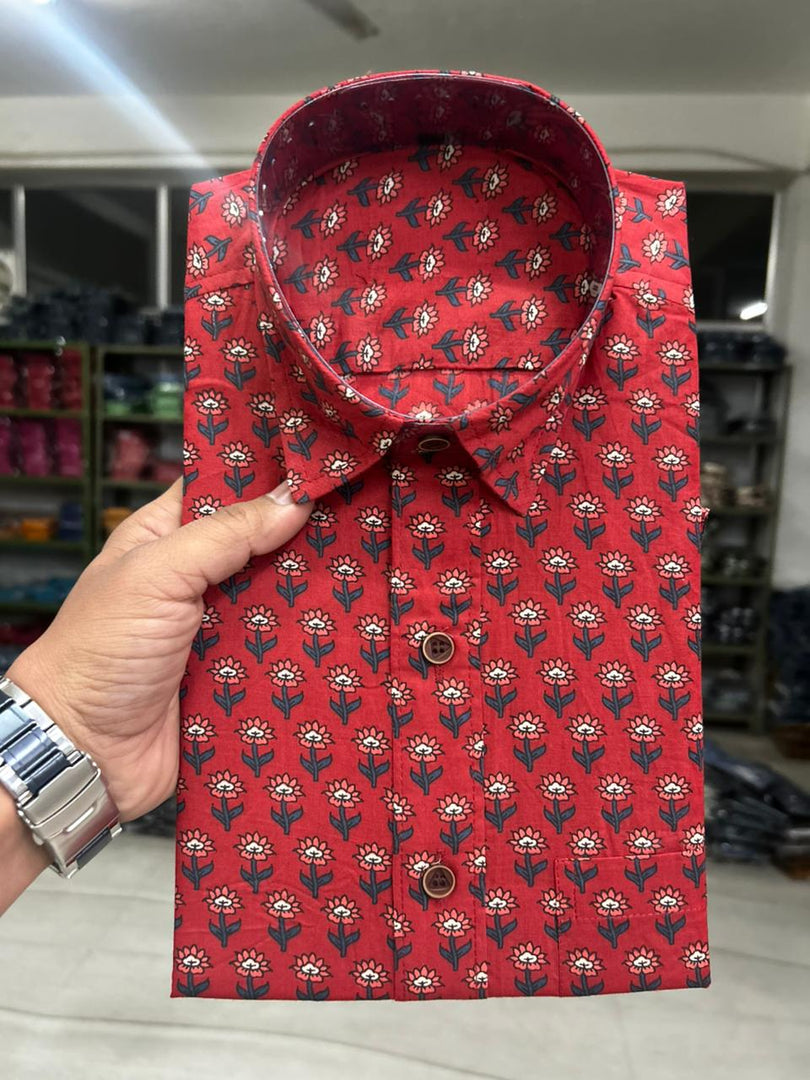 Red Handblock Floral Print Cotton Shirt for Men – Jaipur Style