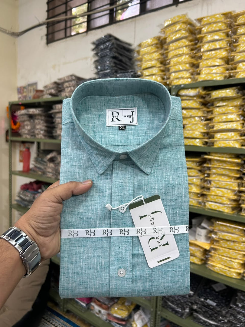 Cotton Linen Blend Aqua Green Shirt For Men