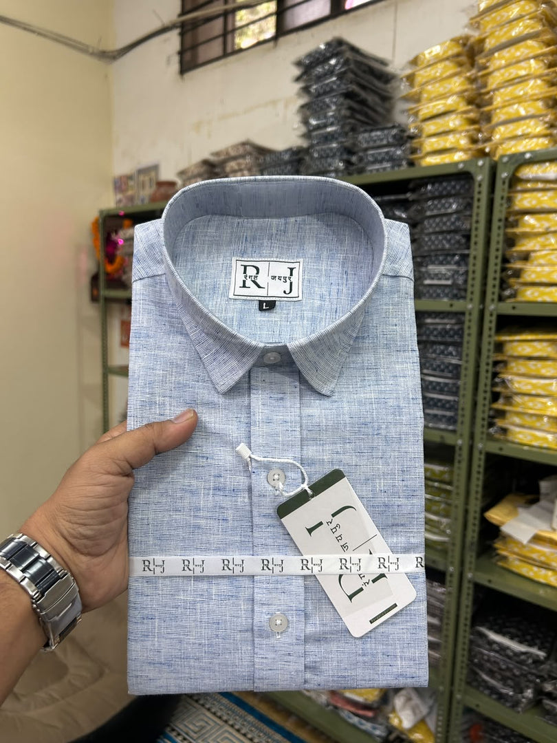 Cotton Linen Blend Powder Blue Shirt For Men