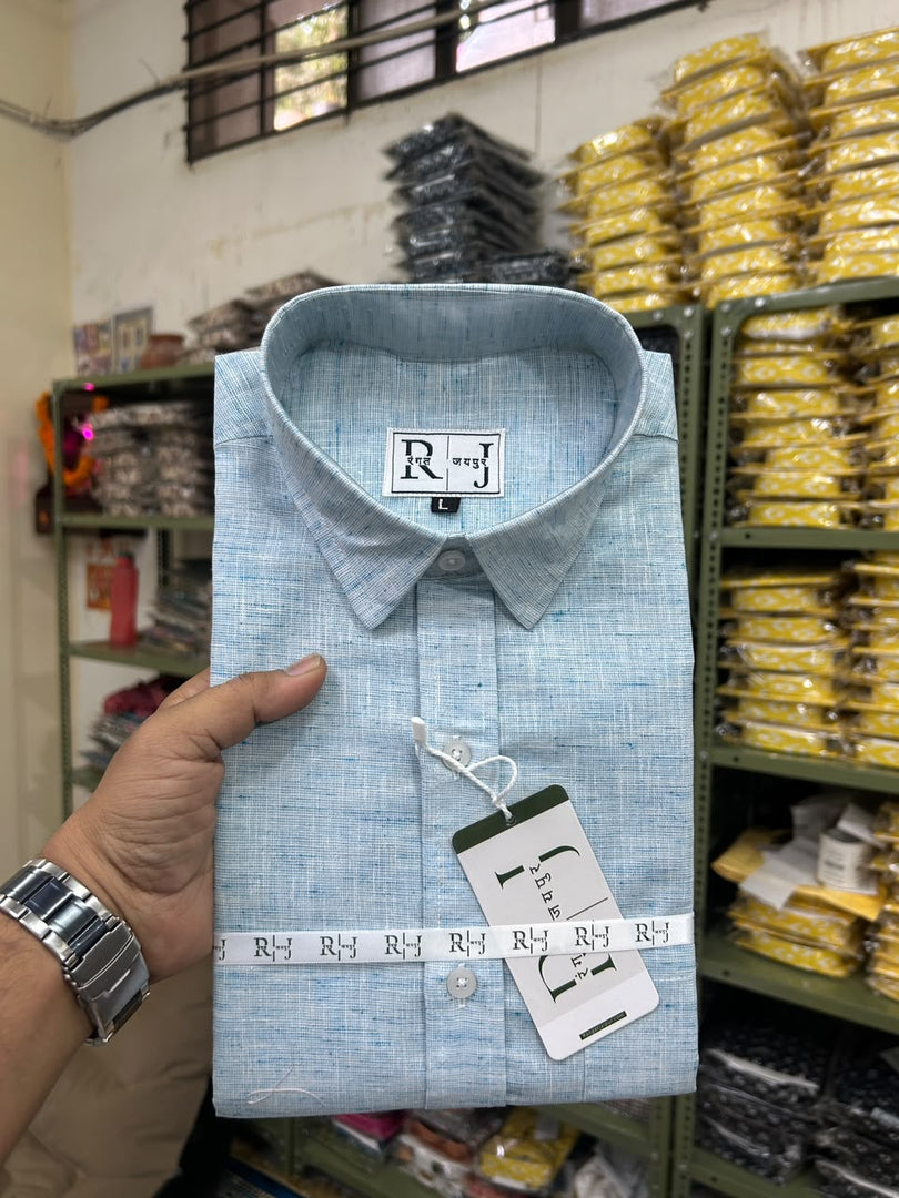 Cotton Linen Blend Ice Blue Shirt For Men