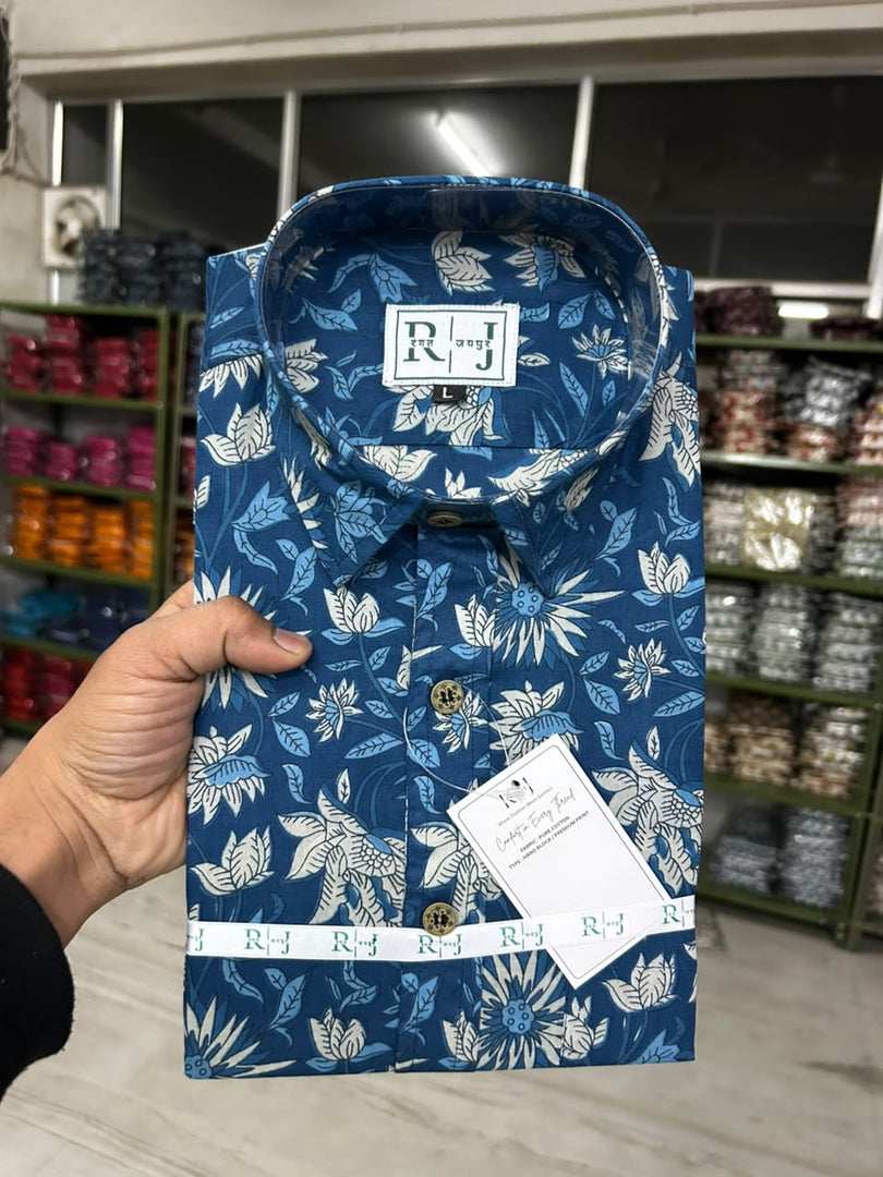 Indigo Blue Floral Printed Cotton Shirt for Men – Rangat Jaipur