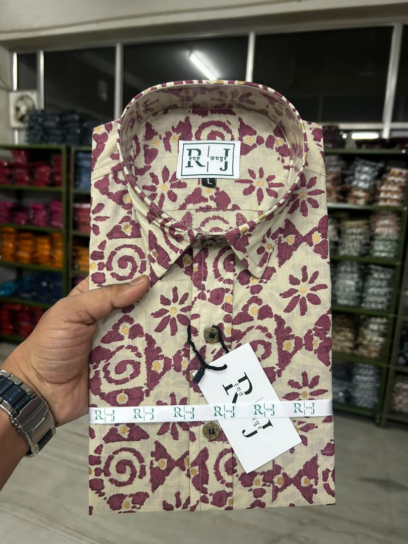 Handcrafted Sanganeri Floral Print Cotton Shirt for Men – Beige & Maroon