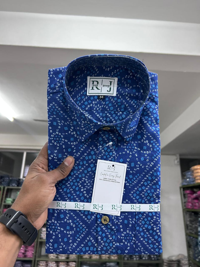 Premium Blue Bandhani Print Cotton Shirt | Traditional Rajasthani Design
